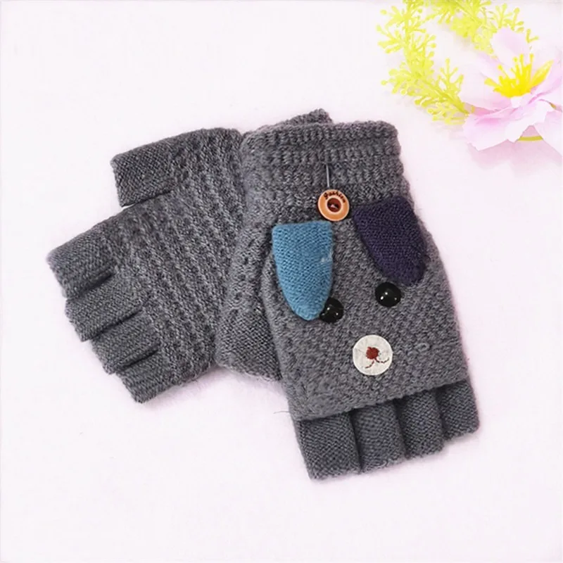 Winter Warm 4-8 Years Old Children Cartoon Cute Fashion Male and Female Students Knitted Half-finger Writing Gloves