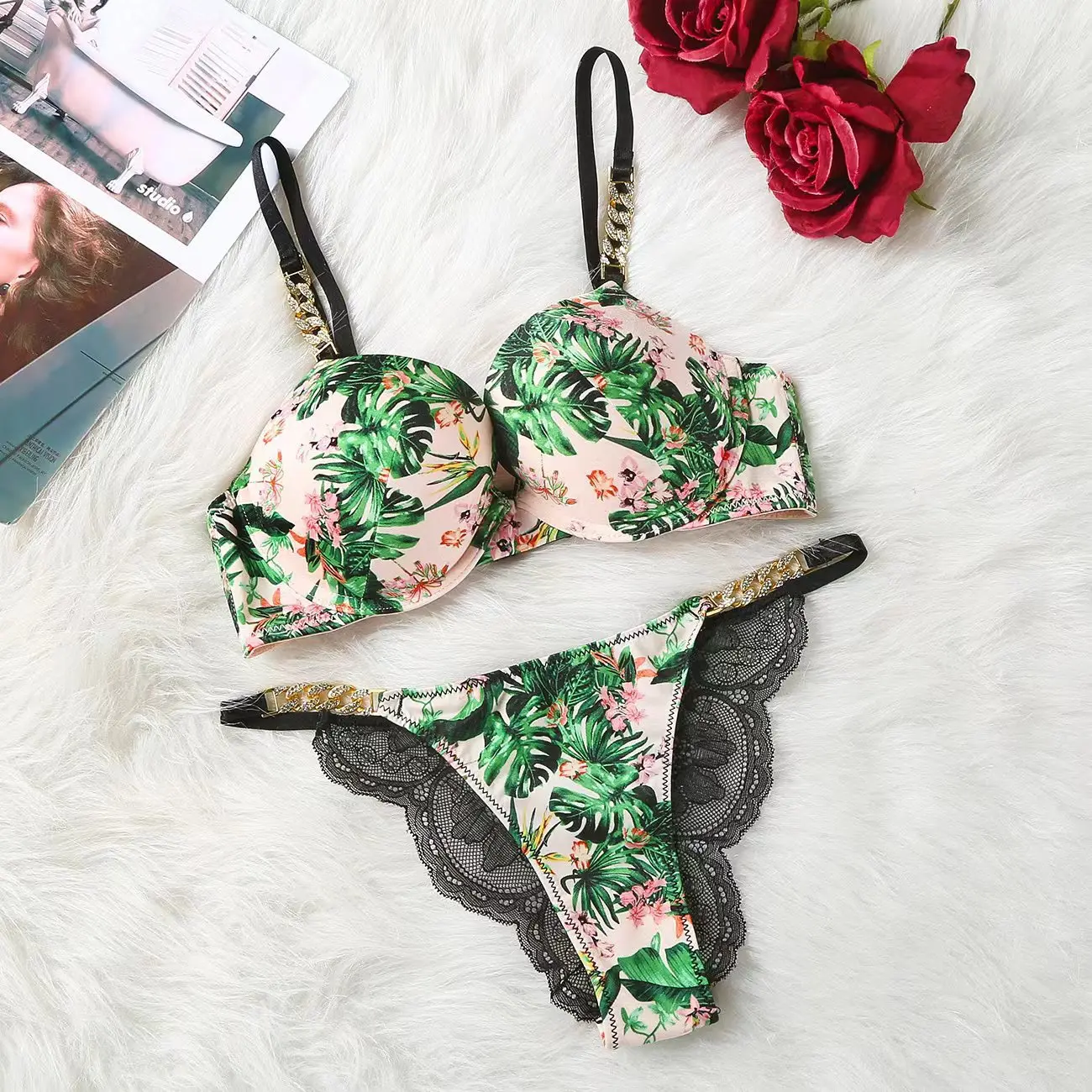 Sexy Printed Leopard Lingerie Deep V Gathering Bra Set Thongs Large Size Women Push Up Bra Sets