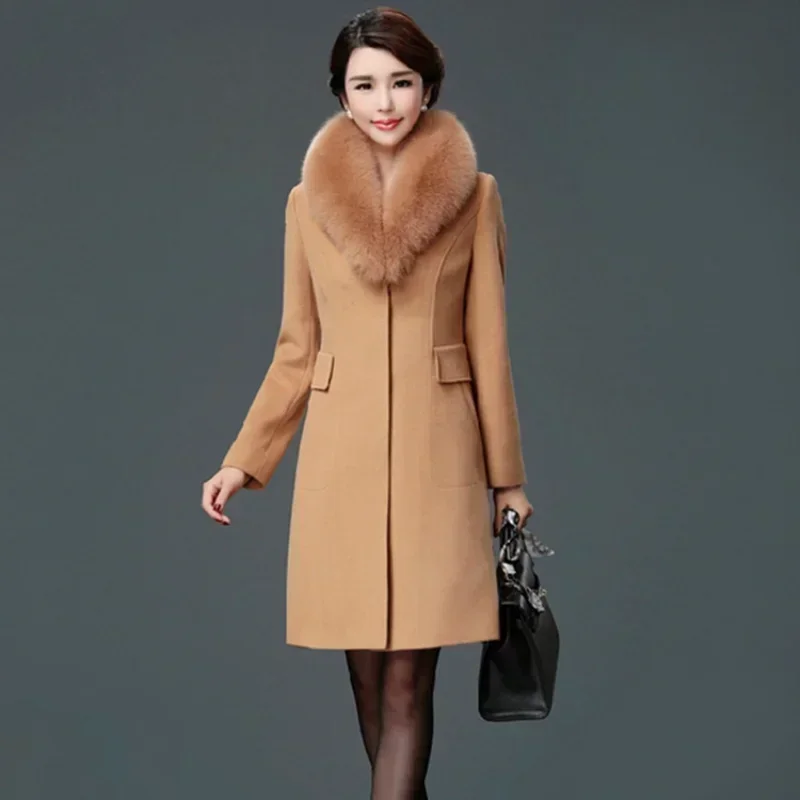 Autumn Winter High End Fashion Slim Was Thin Woolen Coat Faux Fur Fur Collar Slim Was Thin Mid-length Coat Women Coat