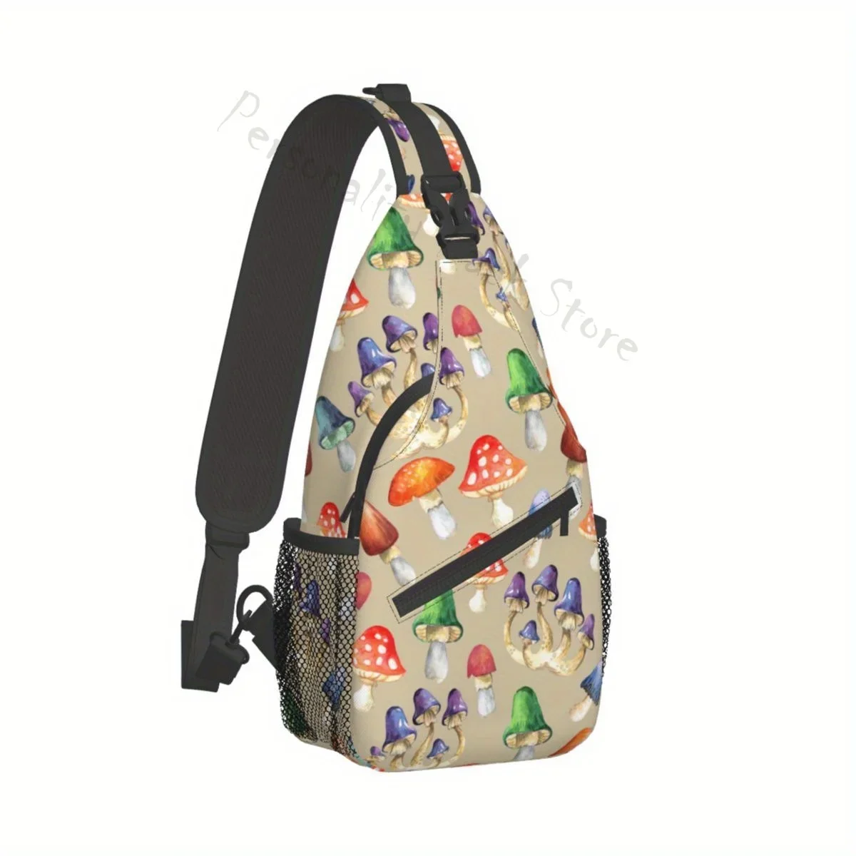 Cogumelo e Agaricus Mochila Estilingue Bege, Travel Crossbody Bag, Mochila Triangular No Peito, Bolsa De Ombro De Caminhada