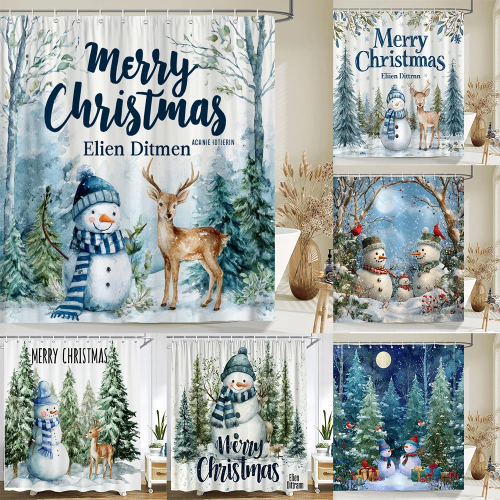 

Christmas Shower Curtain Cartoon Snowman Santa Claus Shower Curtains Christmas tree Xmas Printed fabric Decor Bathroom Curtain