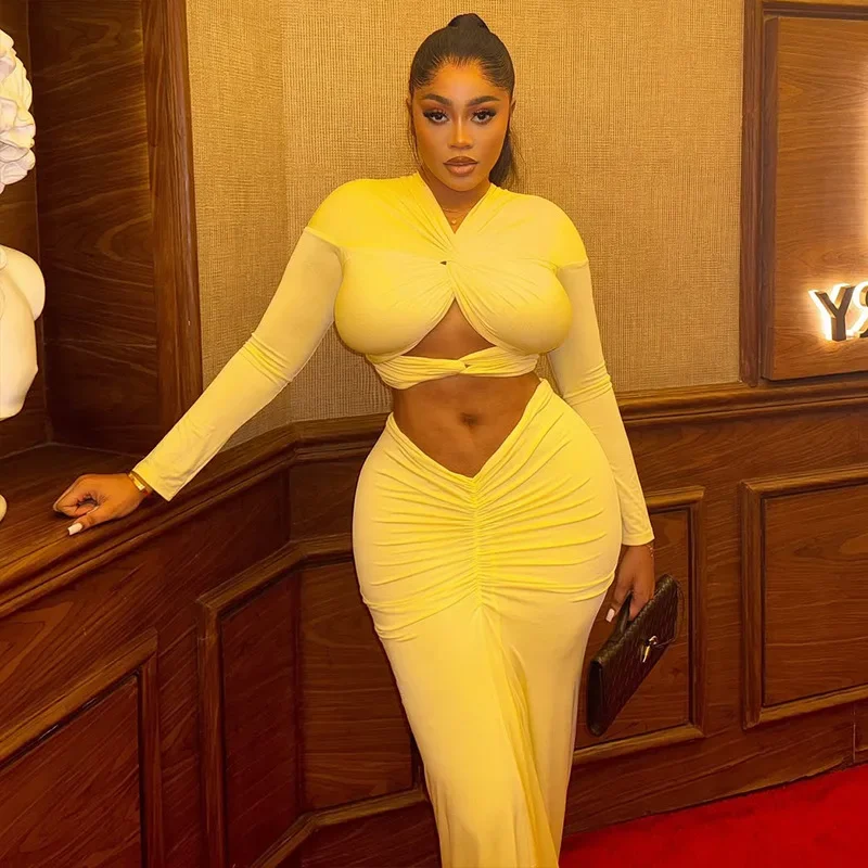 Celebrity Long Sleeve Bodycon Maxi Dress Sets Women 2 Piece Sexy Club Outfits Draped Crop Top and Long Skirts Matching Sets