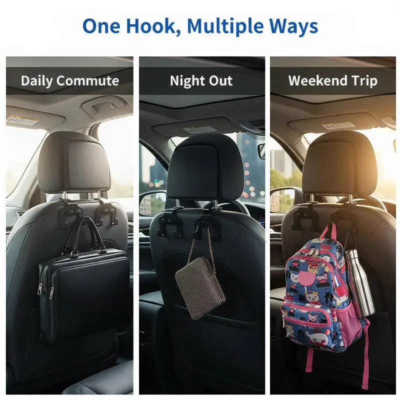 4Pcs Car Headrest Hook Multifunctional Seat Back Hanger with Phone Stand No Drilling Needed for Bag Snack Drink Auto Use