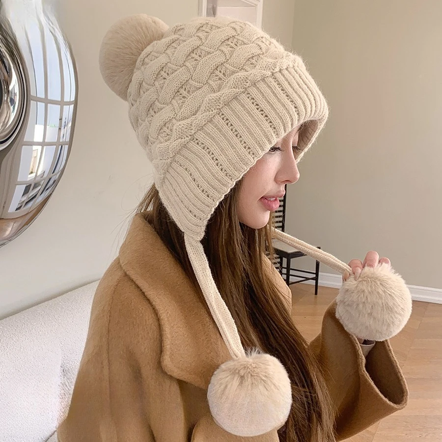 Lazy Wind Thickened Double-layer Ear Protection and Cold Protection Three-hair Ball Rabbit Fur Hat Face Protection Knitted Hat