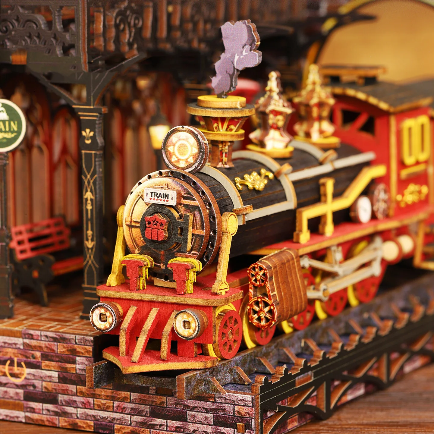 Kit modello in miniatura in legno per angolo libro fai-da-te La piattaforma zero Treno magico Fermalibri Scaffale puzzle 3D per regali di compleanno di amici