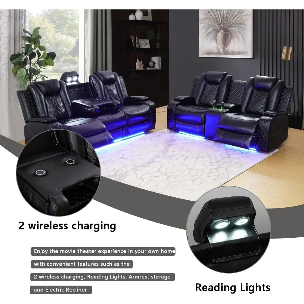 Recliner, Leather Recliner Sofa Sets, 2 Pieces Living Room Furniture Sets with LED Lights,  Leather Reclining Sofa Sets, Sofas