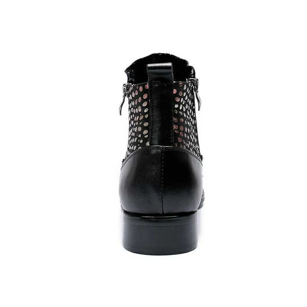 Black Dot With Metal Zipper Genuine Leather High Heels Pointed Toe Boots Male Plus Size Fashion Business Party Dress Shoes