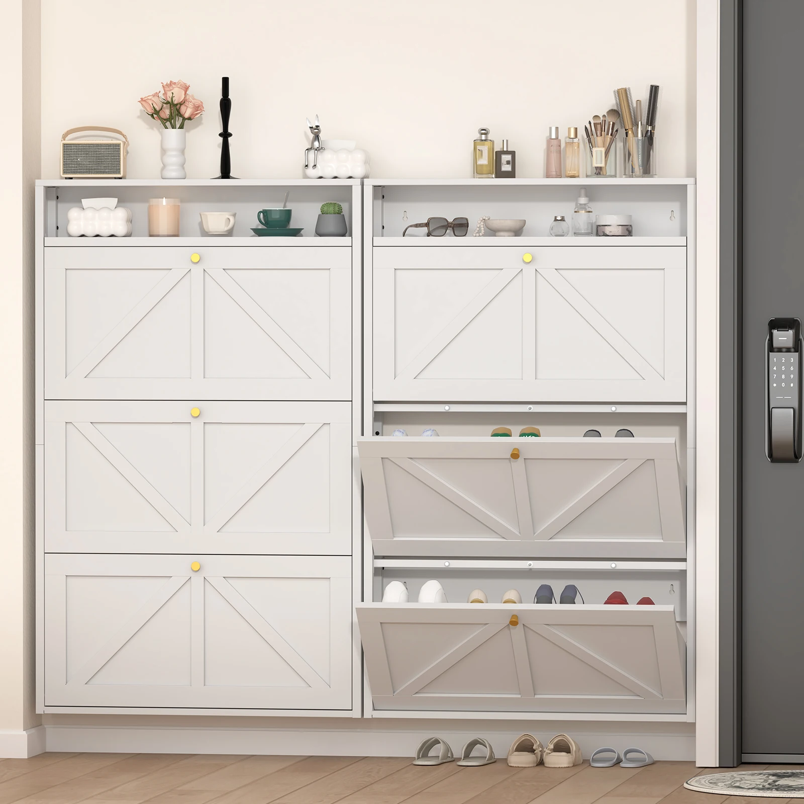 Black Wall-Mounted Flip Shoe Cabinet (Available In 2-Tier & 3-Tier) - Heavy-Duty Steel Entryway Organizer With Open Display Shelf & Side Hooks, Space-Saving Slim Storage Unit For Hallway & Bedroom.