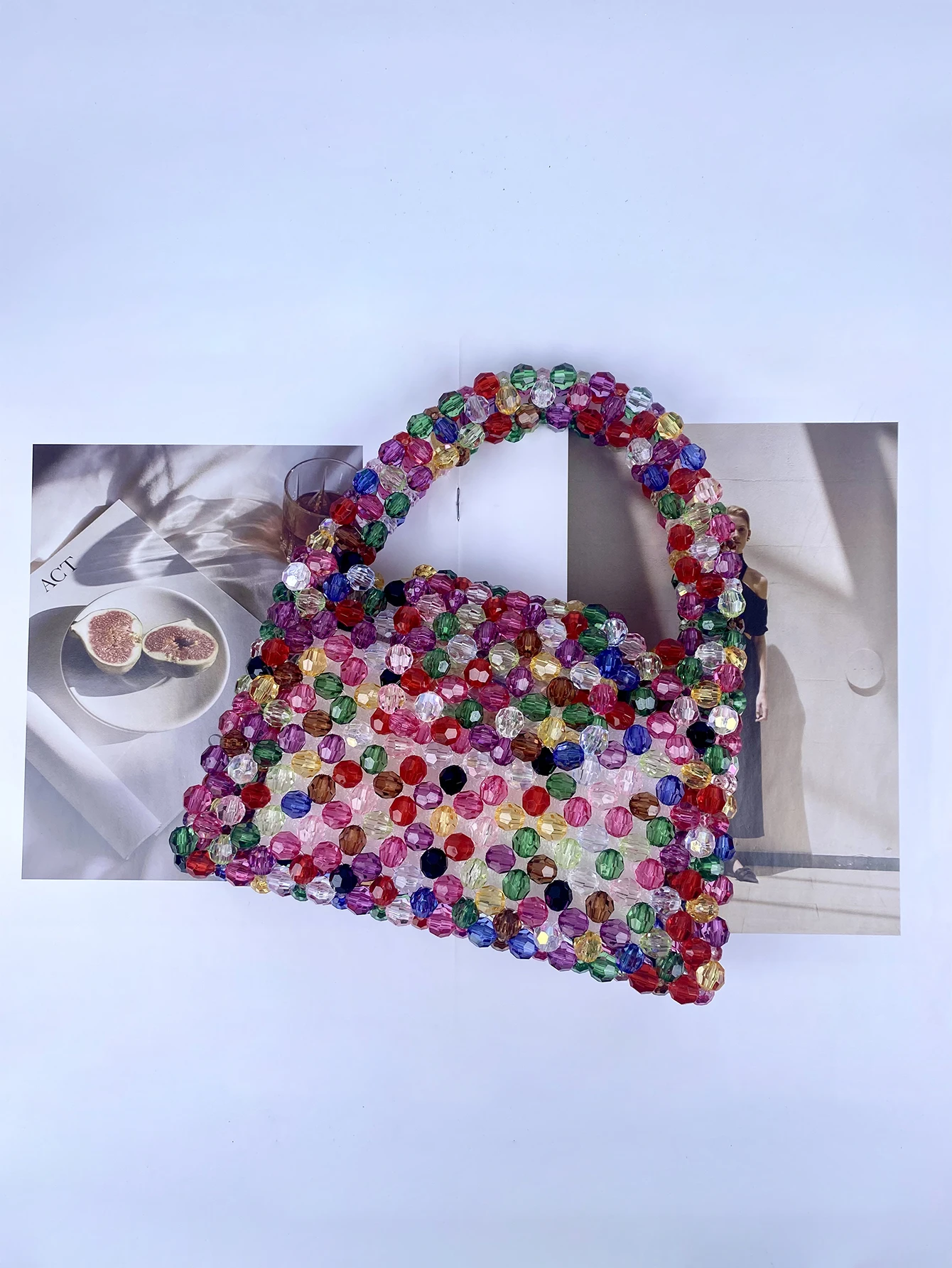 2023 niche handmade beaded hollowed out crystal beads woven portable banquet candy colored small square bag