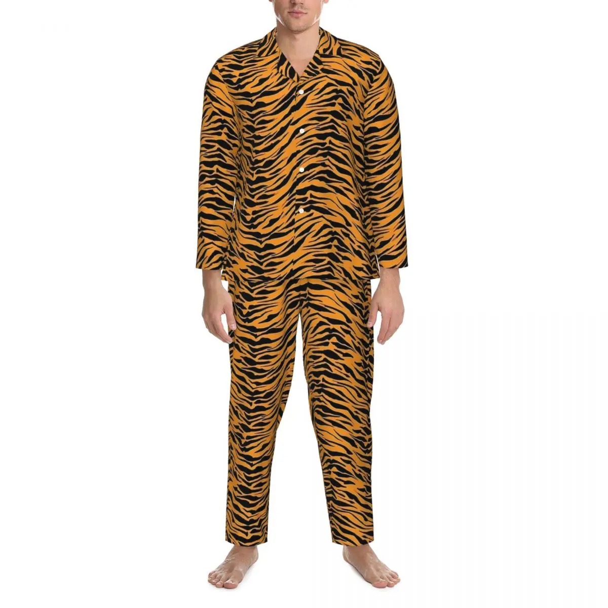 

Tiger Skin Pajama Sets Animal Print Kawaii Sleepwear Men Long Sleeves Casual Bedroom 2 Piece Home Suit Plus Size 2XL