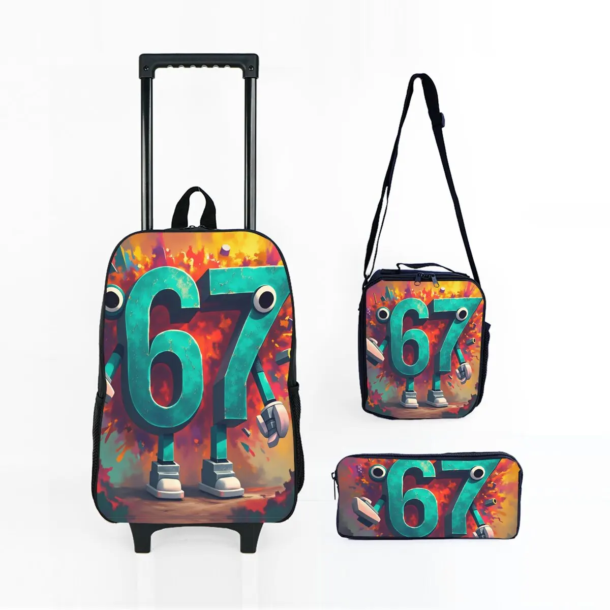 

Красочная черная сумка на колесиках с номером 67, набор с ланч-боксом, сумка для ручек и колесиками, школьная сумка-рюкзак на колесиках для девочек/мальчиков
