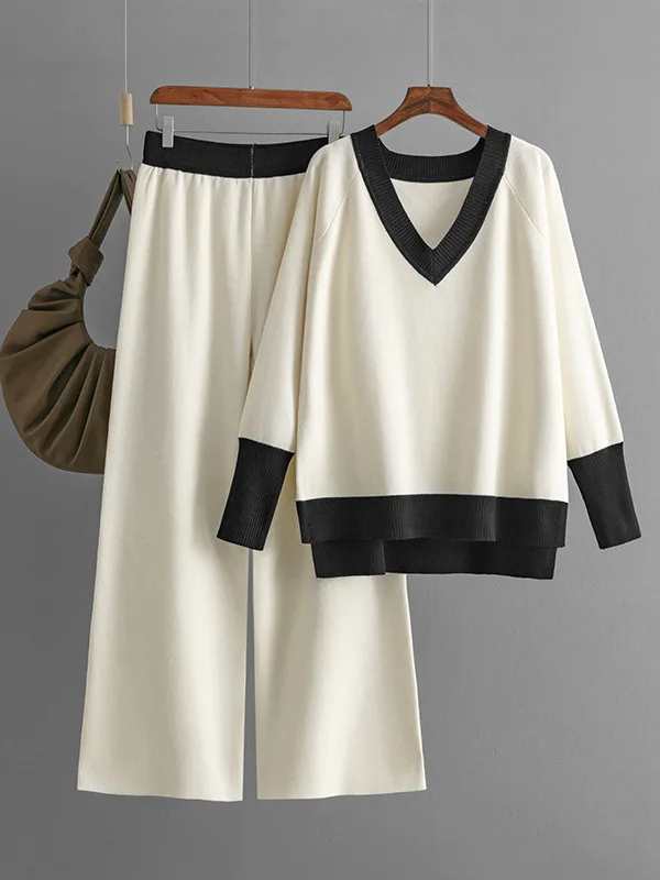 

Casual Loose Knitted Sweater And Wide Leg Pants Two Piece Set for Women V Neck Color Block Style Autumn Winter Fashion Ensemble