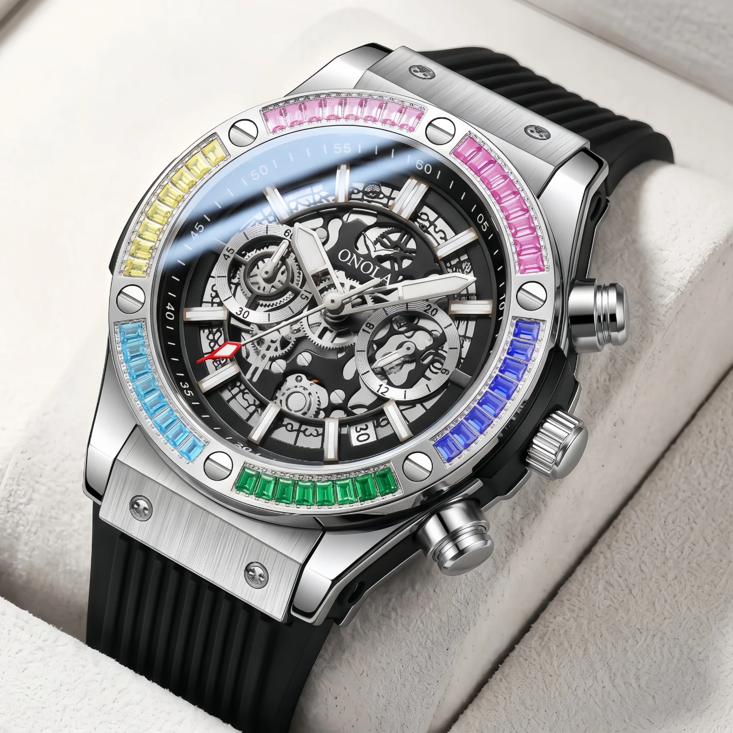 ONOLA timing watch men's round bezel skeleton dial waterproof sports quartz watch