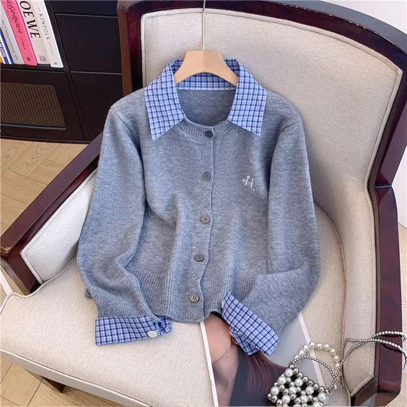 

Fall Winter Women Korean Fake Two Pieces Cardigan Sweater Patchwork Knitwear 2000s Aesthetic Vintage College Style Sweater