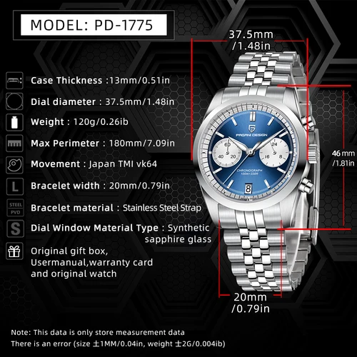 Imagen 2 del producto PAGANI DESIGN Relojes de pulsera de cuarzo para hombre a la moda PD1775 Cristal de zafiro Correa de acero inoxidable Reloj con movimiento VK64 para hombre