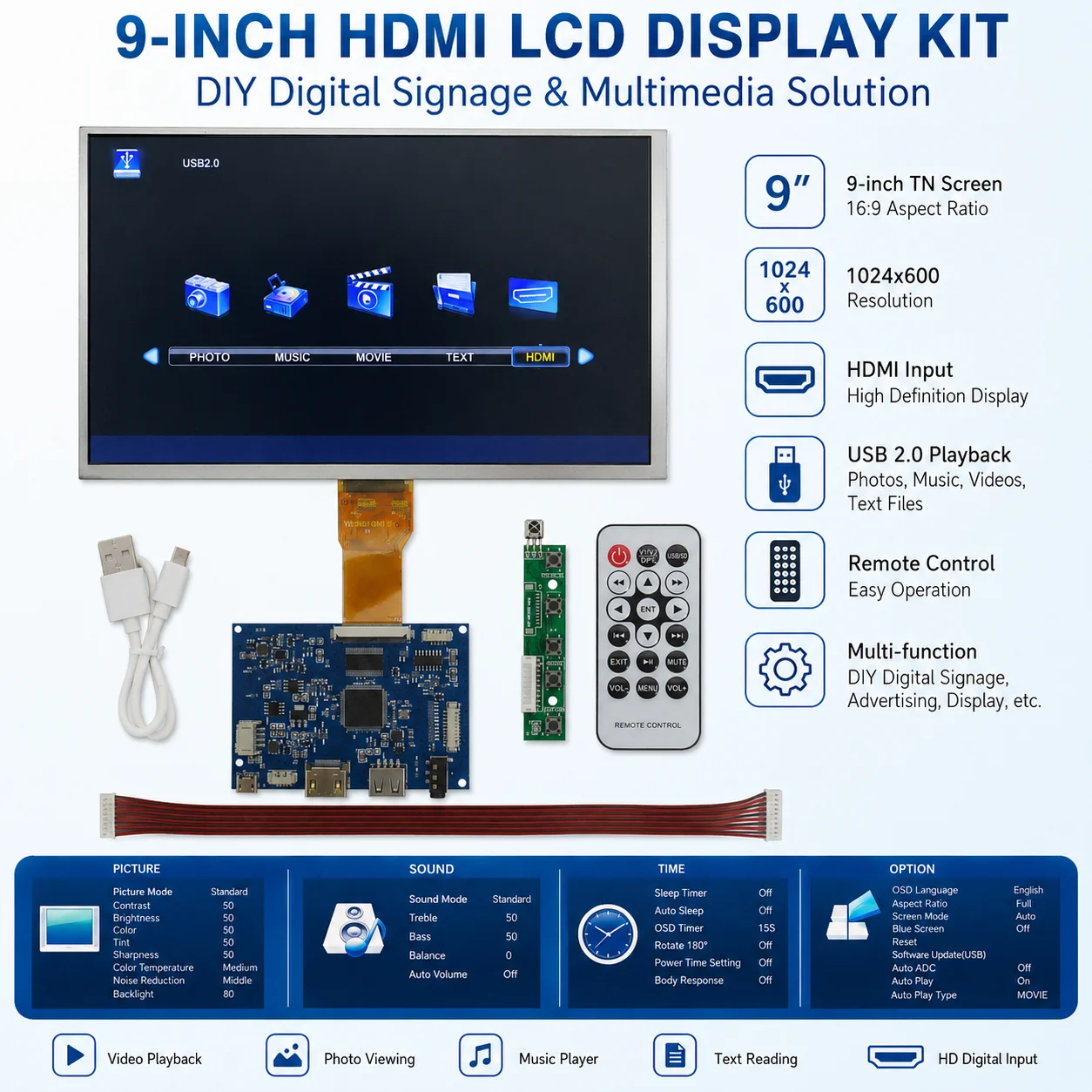 

10.1-inch 1024*600 LCD screen display HDMI-compatible Driver Control Board U Disk for DIY advertising display,game second screen