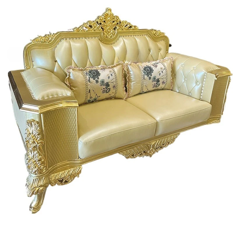 

Light luxury European leather sofa combination set, living room solid wood high-end sense, golden fabric luxury