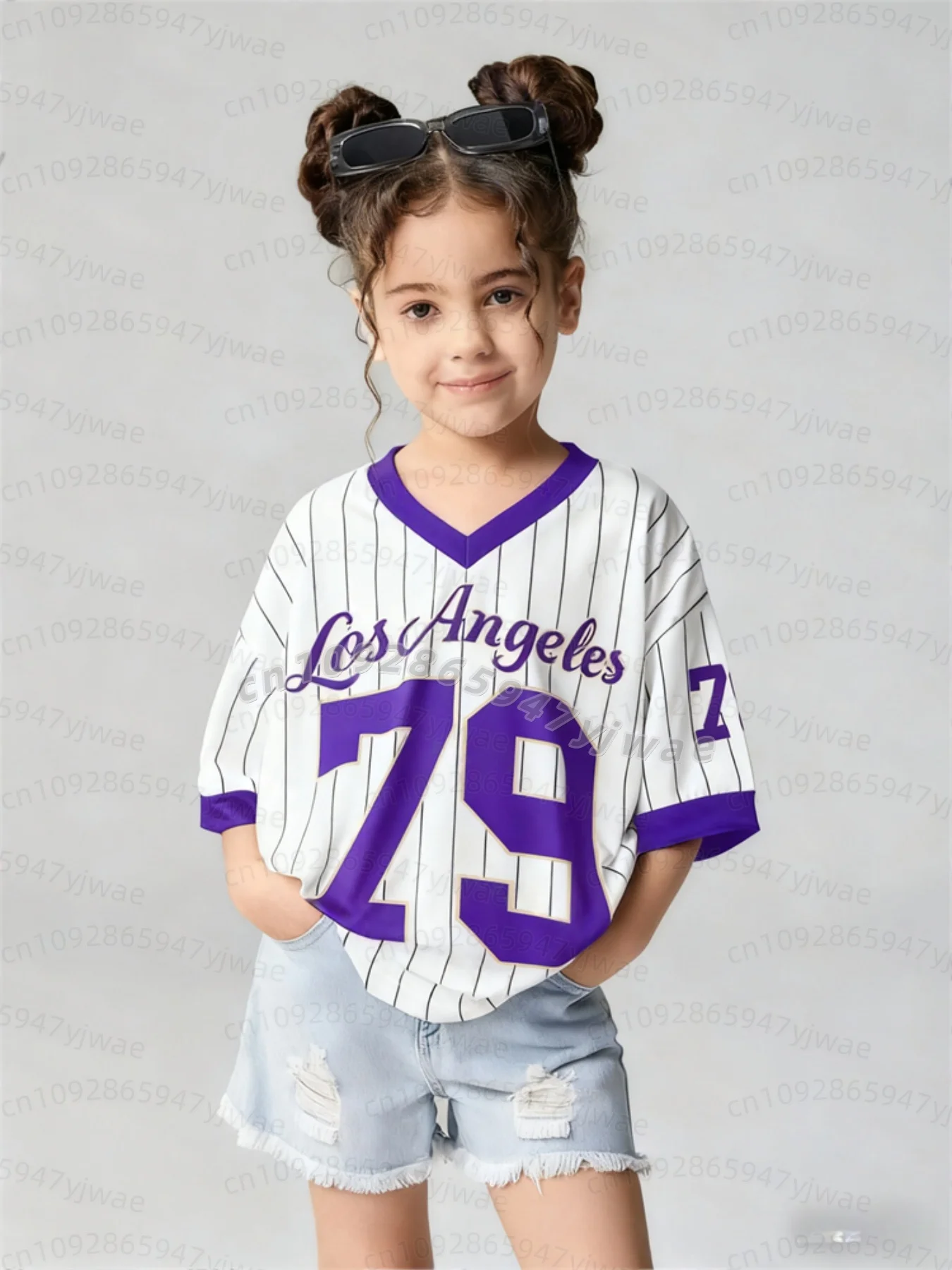 26 Mädchen Freizeit-Sportstil Los Angeles Nr. 79 Muster Farbblock-Print Kurzarm V-Ausschnitt Damen Kinder Erwachsene T-Shirt – Detail 9