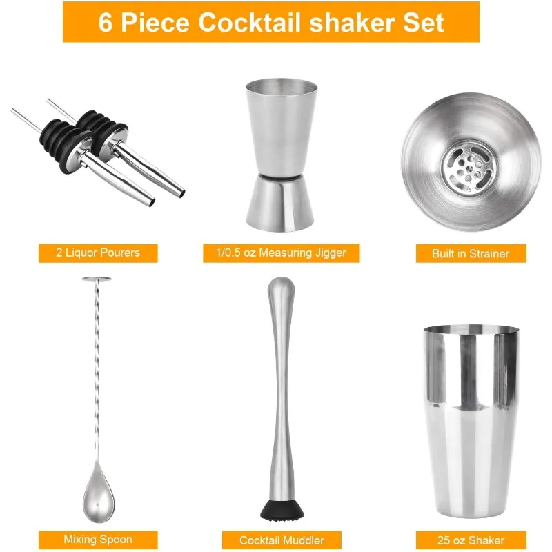 Complete Beginner Martini Mixing Set, 6Pcs 25oz Stainless Steel Boston Shaker Jigger Muddler Pourers  Bar Tools