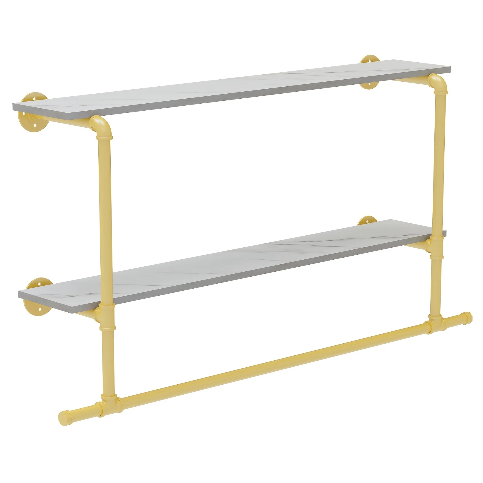 

45.7 Inch Golden Industrial Pipe Clothing Rack 2-Tier Wall Mounted Clothes Rack Pipe Clothing Rack with Shelf Wall Hangers
