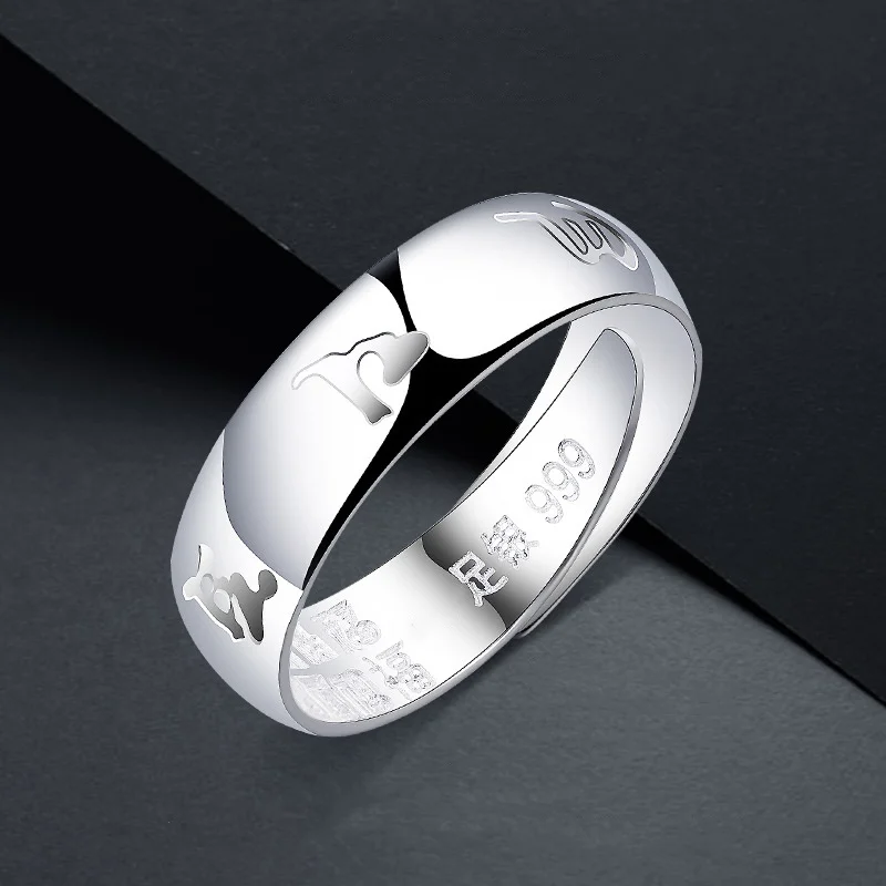 Anillo Mantra de seis caracteres de plata pura 999 para hombre con apertura ajustable, joyería de alta gama Simple y personalizada de plata pura