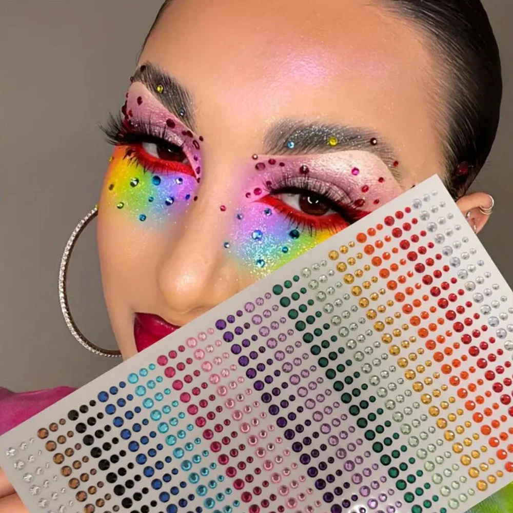 5pcs/Set Rainbow Color Crystal Gemstone Face Eyes Stickers Rhinestone Jewels 3/4/5mm Mix DIY Festival Makeup Rhinestone 24*14cm
