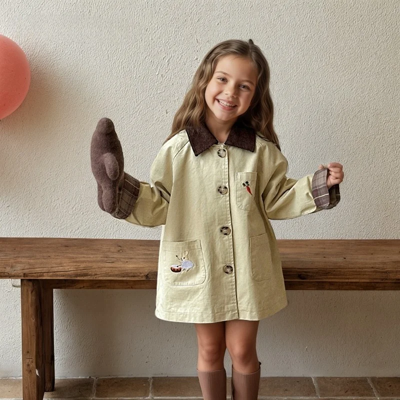 Darcoo Baby Girl Embroidery Trench Cotton Infant Toddler Kid Windbreak Jacket Autumn Spring Child Dust Coat Baby Clothes 1-7Y