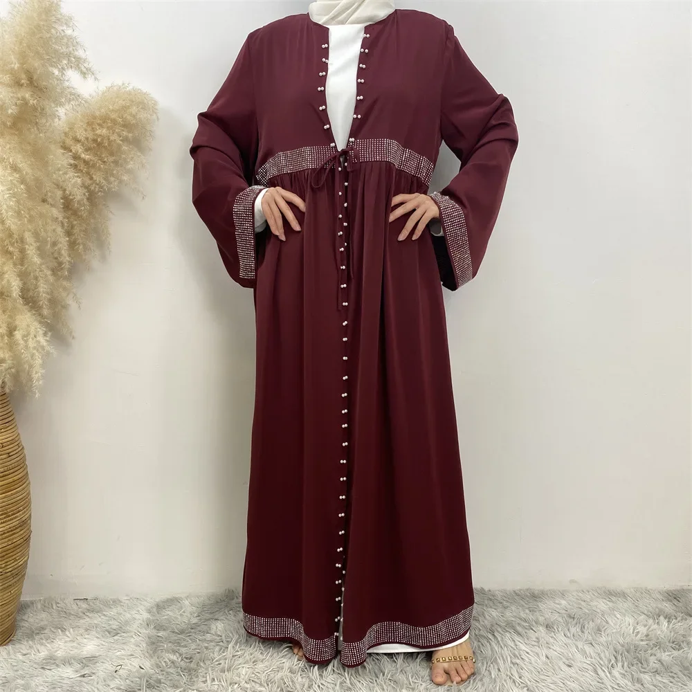 Abaya-Cardigan kimono ouvert avec perles pour femmes musulmanes, vêtements islamiques, robe arabe Jalabiya Eid Ramadan Kaftan