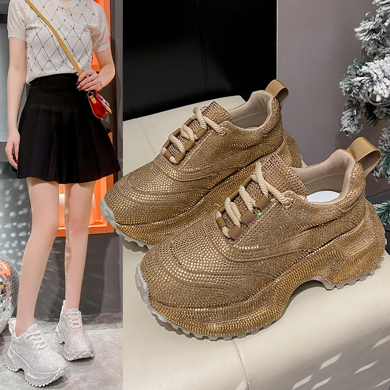 

Women's Rhinestone Shoes 7cm Platform Sneakers Outdoor Anti slip Running Shoes Fashion Designer Casual Lace-up Vulcanize Shoes