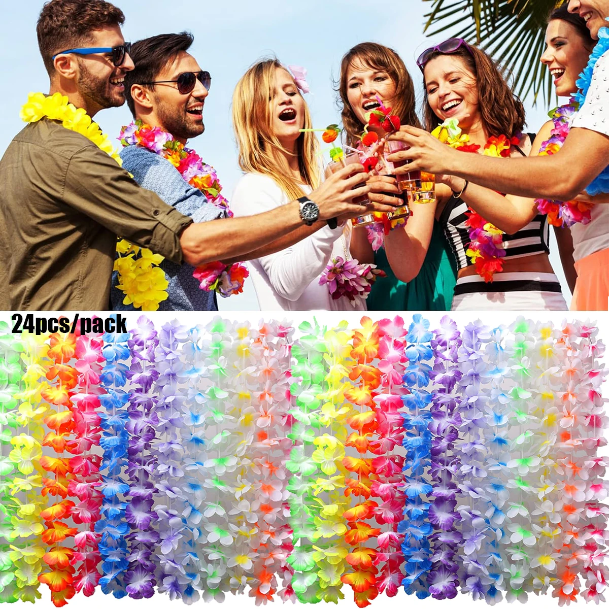 

24pcs Hawaiian Artificial Flower Wreath Necklace Hawaii Theme Party Garland Summer Beach Wedding Birthday Party Decor Supplies