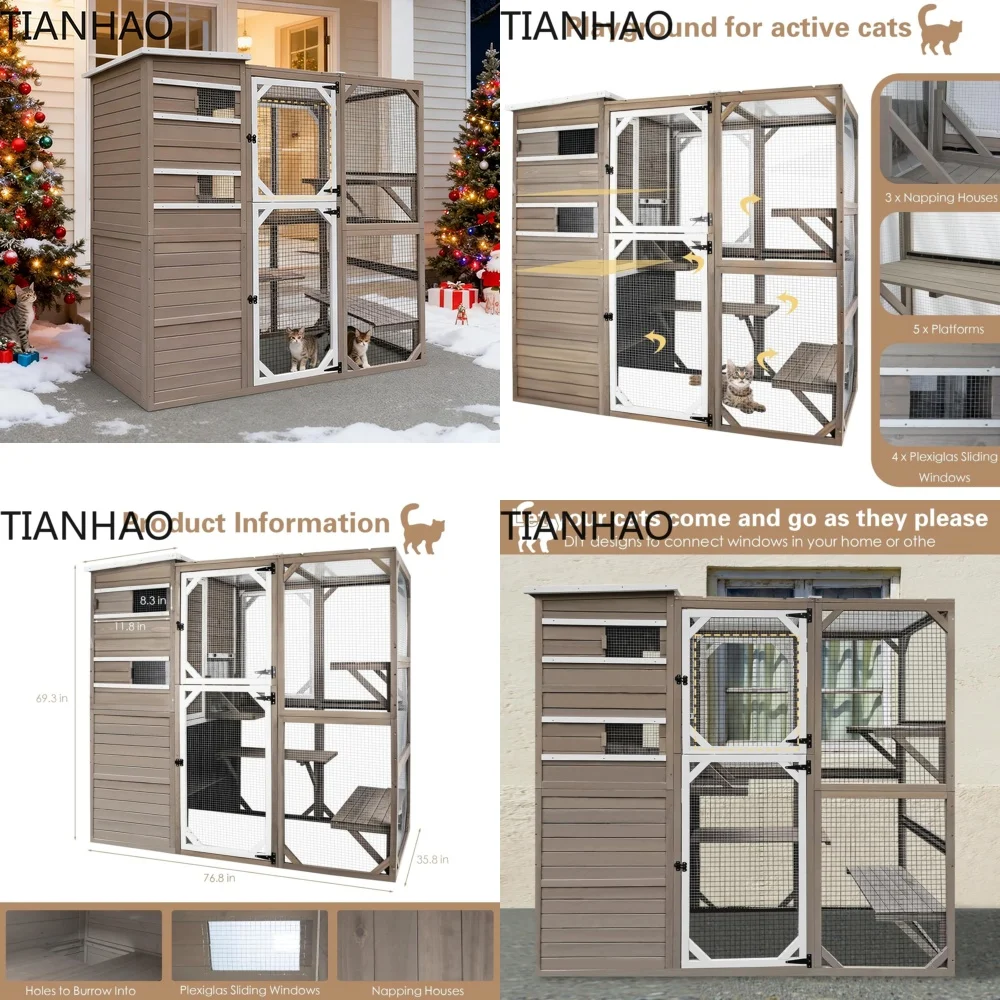 Large Outdoor Cat Enclosure for Cats with Multi-Level Platforms Waterproof Roof Pull-Out Tray 2 Resting Boxes Customizable