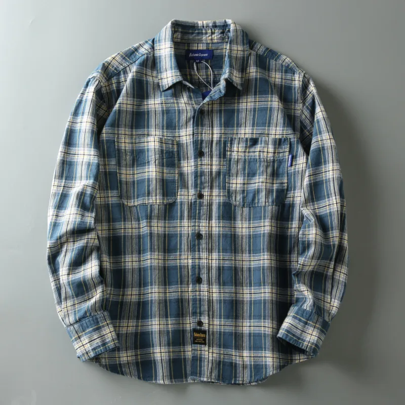 Men's Washed Vintage Casual Plaid Shirt Streetwear Long Sleeve Button-Up with Dual Chest Pockets, Distressed Loose Fit Shirts