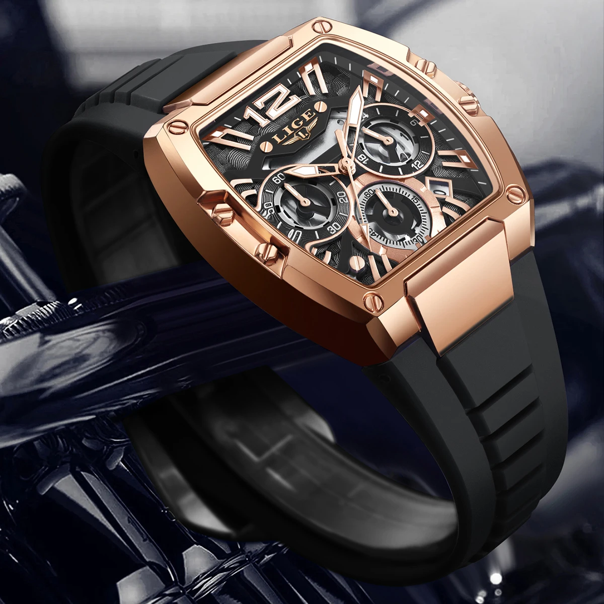 2026 LIGE New Men's Watch Chronograph Quartz Tonneau Dial Golden Sports Clock Casual Fashion Silicone Strap Men Watch+Box