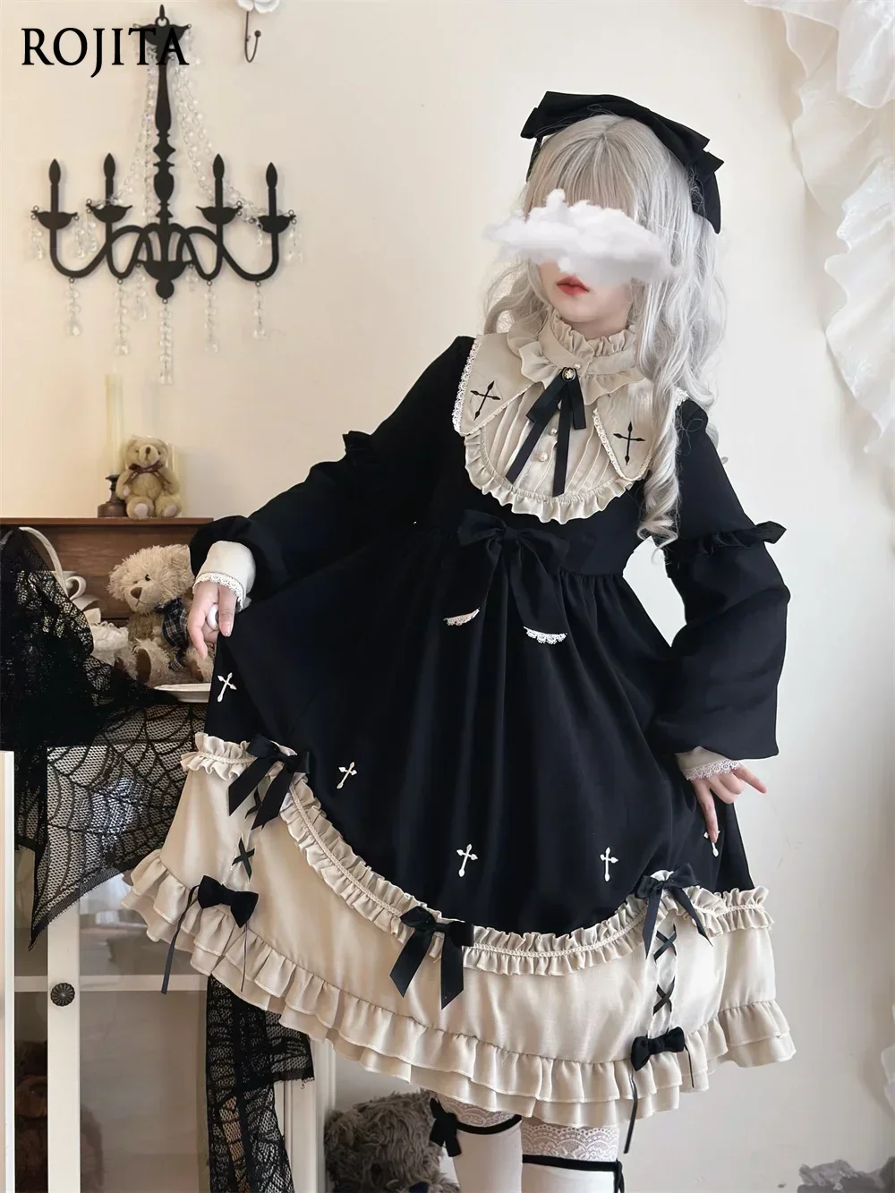 robe-lolita-noire-retro-pour-femmes-tenue-quotidienne-a-manches-longues-avec-nœud-op-col-montant-printemps-hiver-2025
