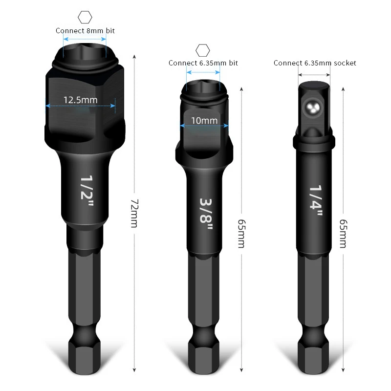 1/4 3/8 1/2 Impact Drill Socket Adapter 2-in-1 Screwdriver Bit Extension Converter Hex Shank Adapter Kit Nut Driver Drill Tools