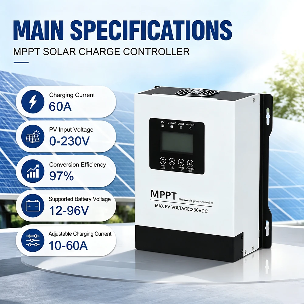 60A MPPT Solar Charge Controller 12V-96V Auto Battery Regulator 230V Max PV Input High Efficiency Solar Panel Controller