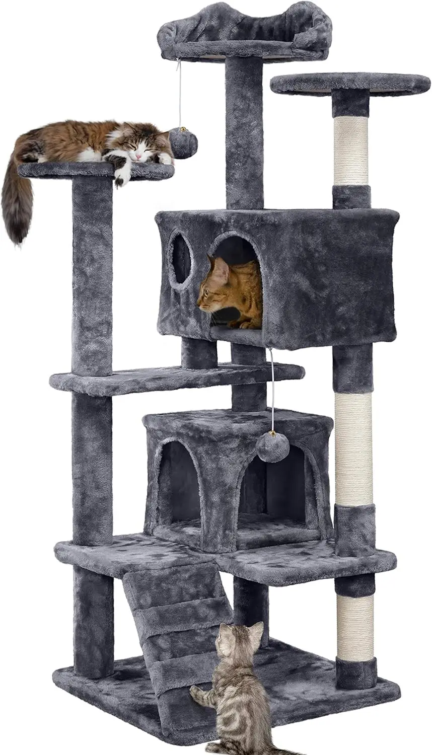 

54in Multi-Level Cat Tower with Perch, Caves, Scratching Posts, Ladder, and Balls for Indoor Kittens in Dark Gray