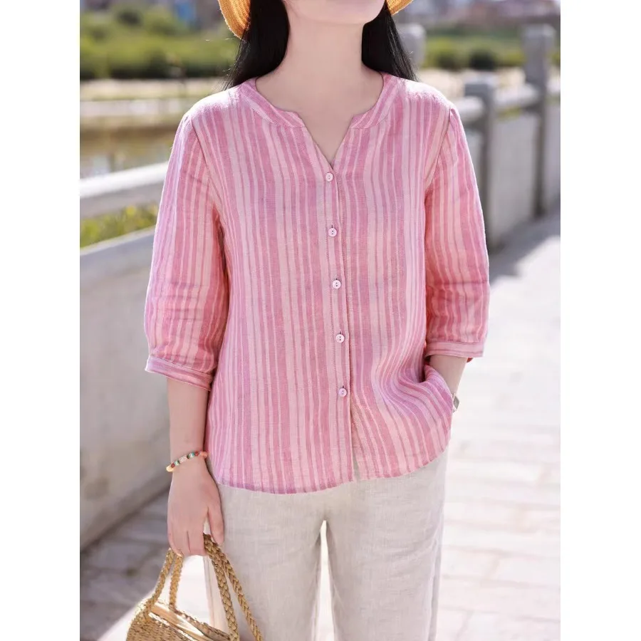 

plus Size Women's Shirt Summer 2026 Striped Fashionable Versatile Belly Covering Outerwear Artistic Commute Style Regular Fit