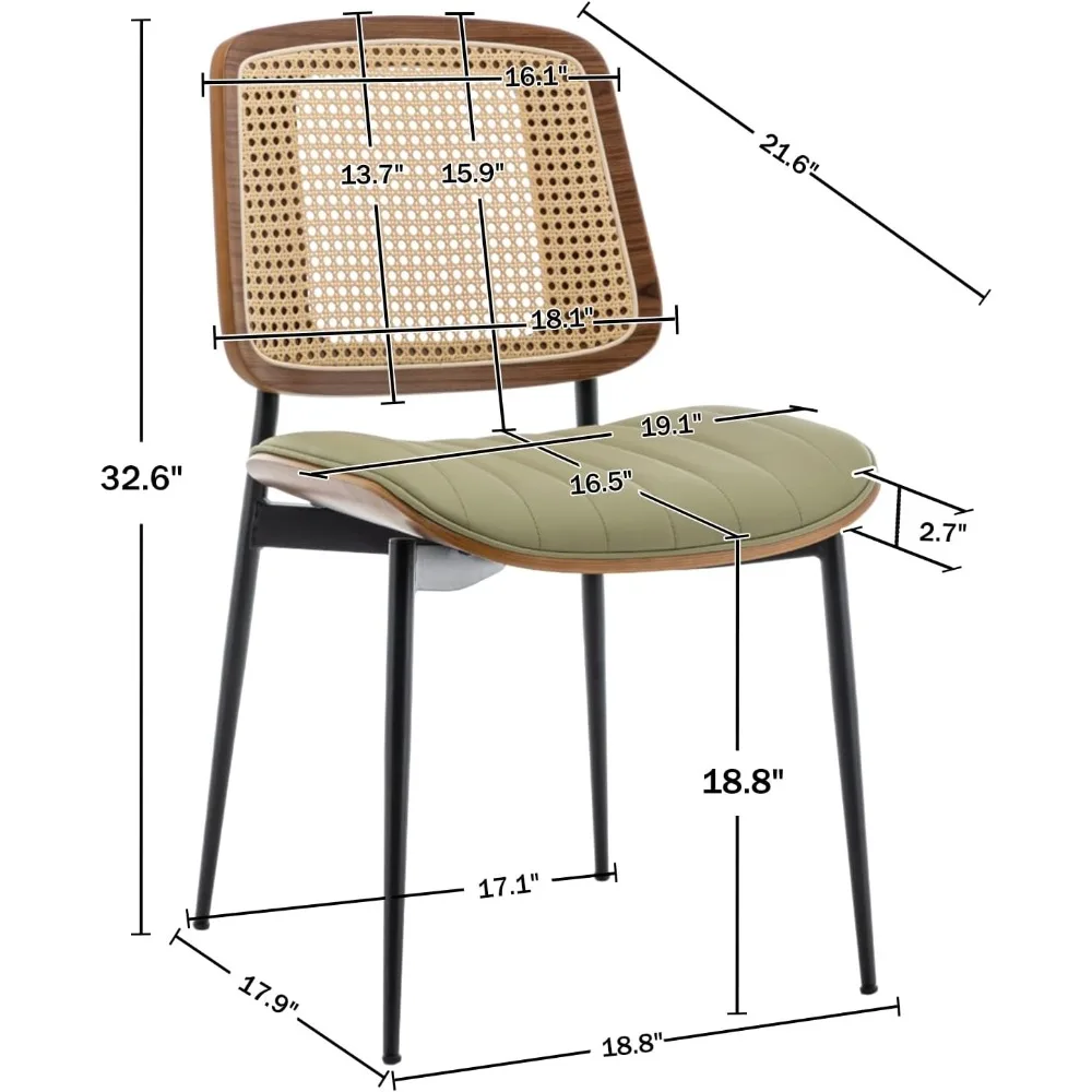 Mid Century Modern Rattan Dining Chairs Set: 4 Green PU Leather Upholstered, Metal Leg Kitchen Chairs with Adjustable Features
