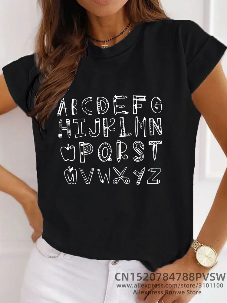 

Women Teacher Alphabet Graphic Tshirt Girl Y2K Harajuku Black Pink Tee Tops Female Teaching Kindergarten Teachers Gift T-Shirt