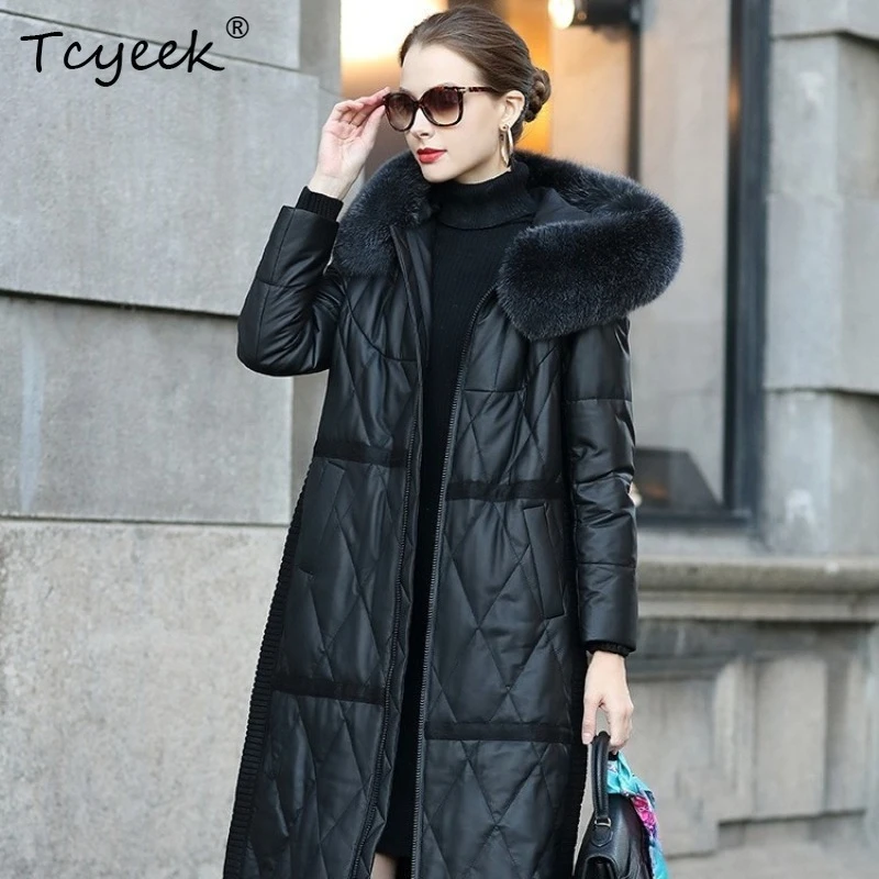 Tcyeek Top Layer Sheepskin Jackets Women Fox Fur Collar Hooded Mid-length White Duck Down Jacket Winter Coat Women 2026 Casaco