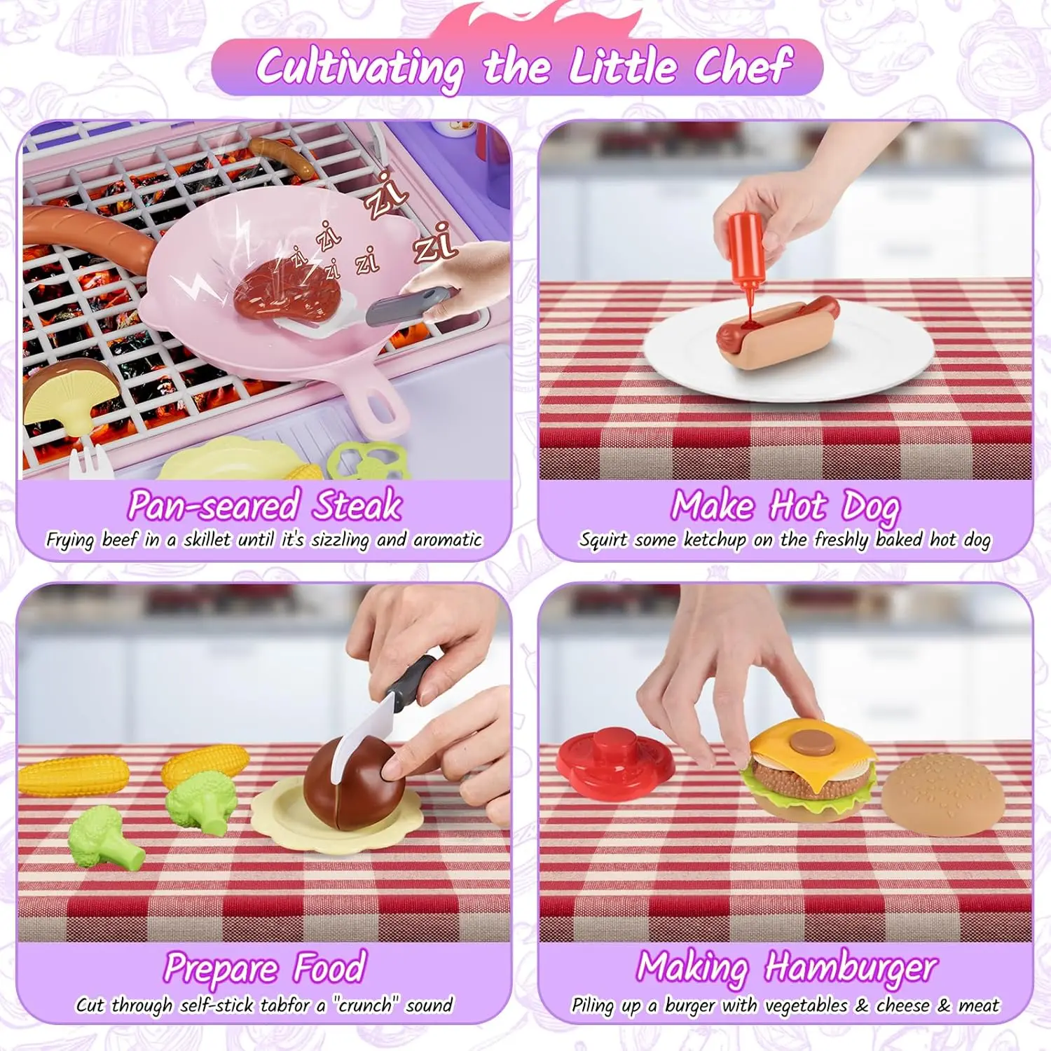 New Upgraded Kids BBQ Grill Playset with Smoke, Sound&Light, Toy Grill for Girls, Pretend Food Hamburger, Kitchen Barbecue Toy G