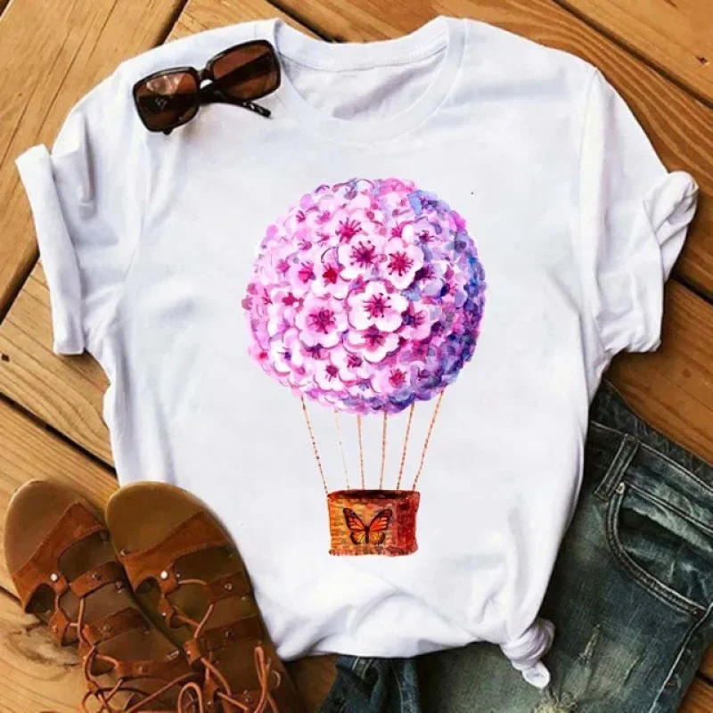 Fashion Women's Flower Hot Air Balloon Retro Fashion White Women's Simple Undershirt Short-sleeved T-shirt Graphic T Shirts