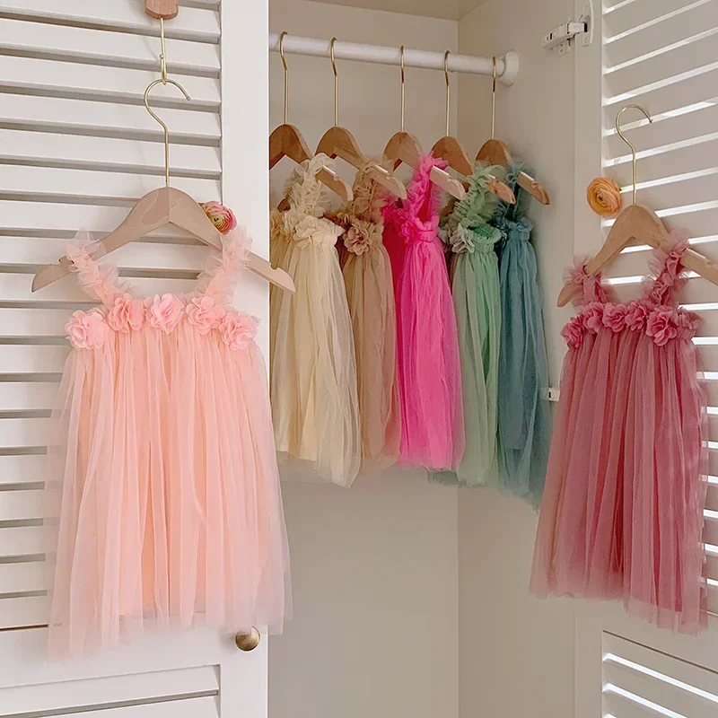 Toddler Girl Princess Dress Baby Rainbow Flowers Tulle Costume Kids Summer Sleeveless Strap Dresses Newborn Birthday Party Cloth