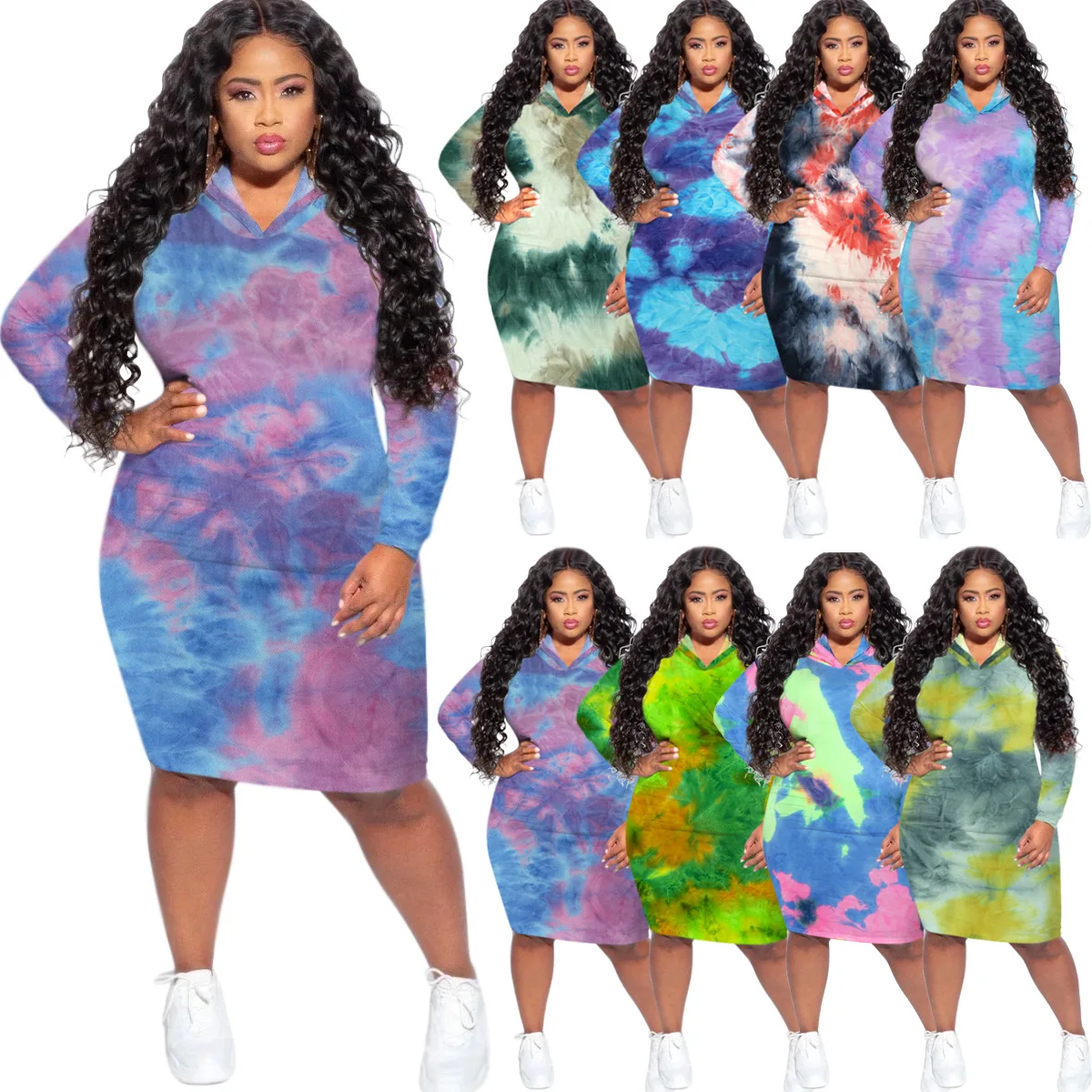 HAOOHU Women Clothing Dresses Plus Size 2023 New Hooded Sweater Dress Fashion Simple Casual Long-Sleeved Tie dye Autumn Winter