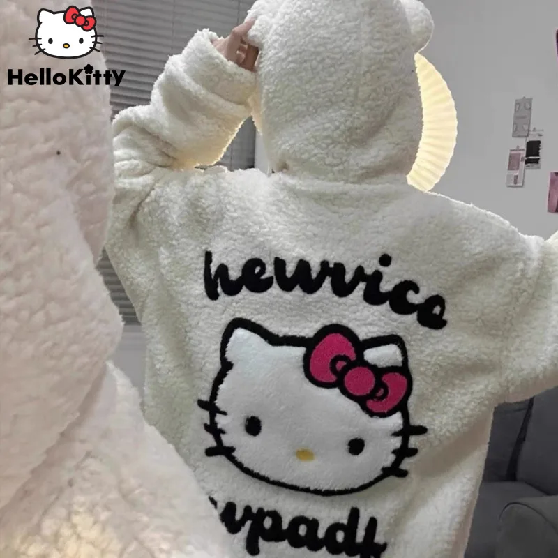 

Sanrio Hello Kitty Embroided Cute Cartoon Hooded Coat Women's Lamb Velvet Jacket Thickened Loose Cotton Coat Winter Clothes