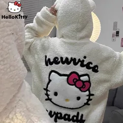 Sanrio Hello Kitty ricamato simpatico cartone animato cappotto con cappuccio giacca di velluto di agnello da donna cappotto di cotone sciolto addensato vestiti invernali