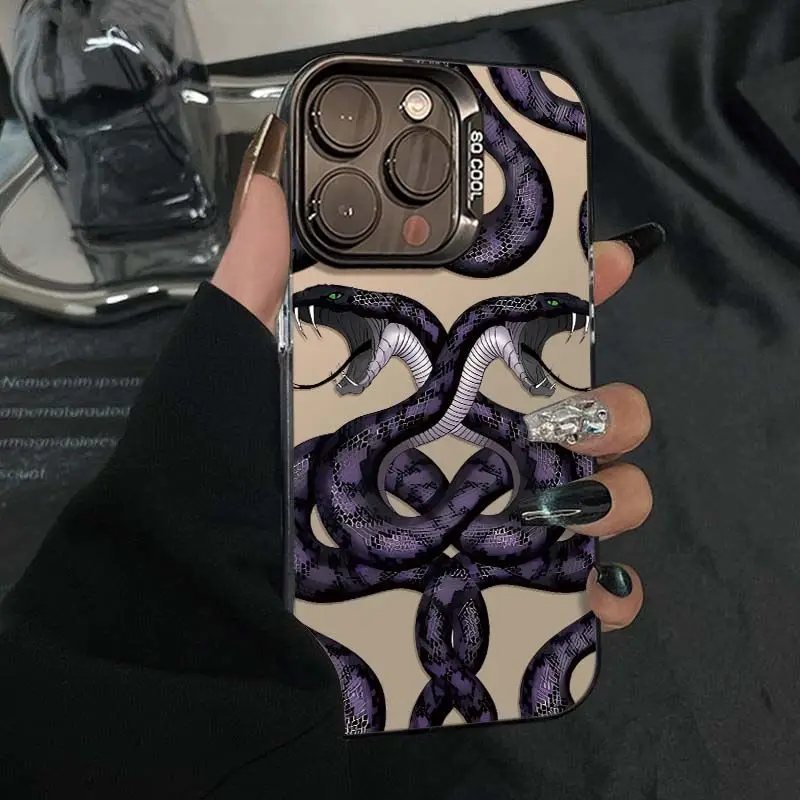 Two-headed Python Phone Cases for IPhone 16 Pro Max 13 12 11 14 15 Pro 12Mini XR XSMax 7 8 15 Plus Laser Plated Bumper Cover