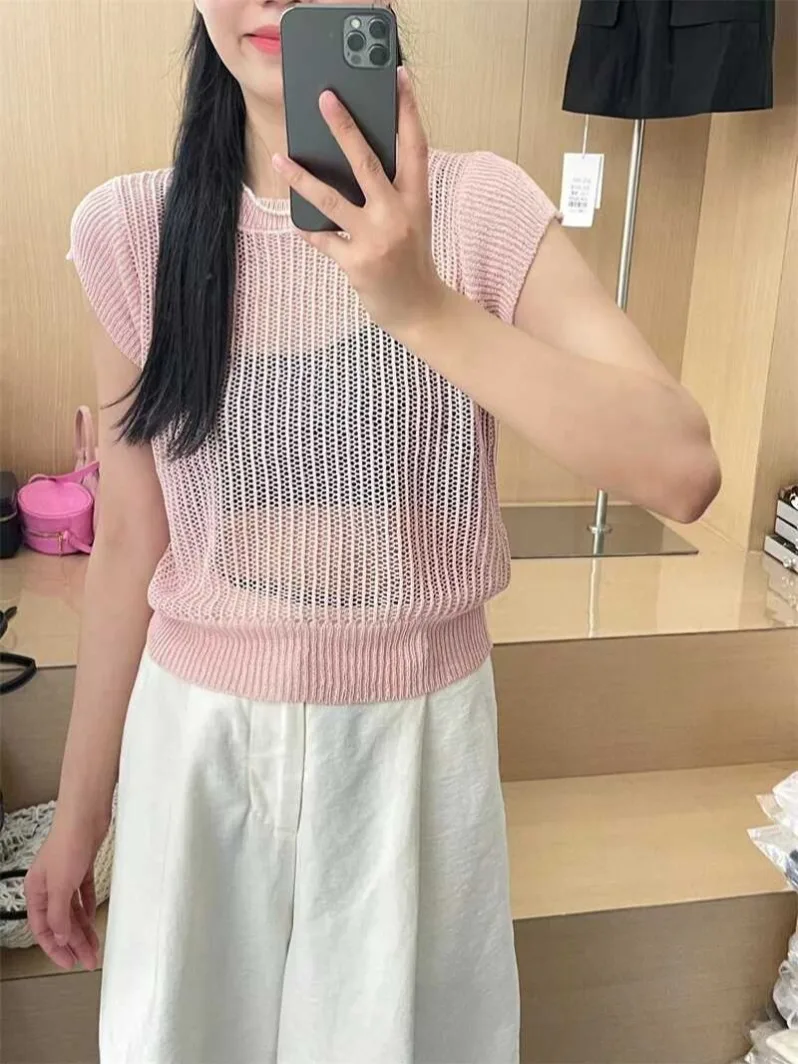 Ice Silk Little Flying Sleeves Top Slim Fit Casual Loose Sleeveless Knitwear Hollow out French Summer Short Sleeve T-shirt Women