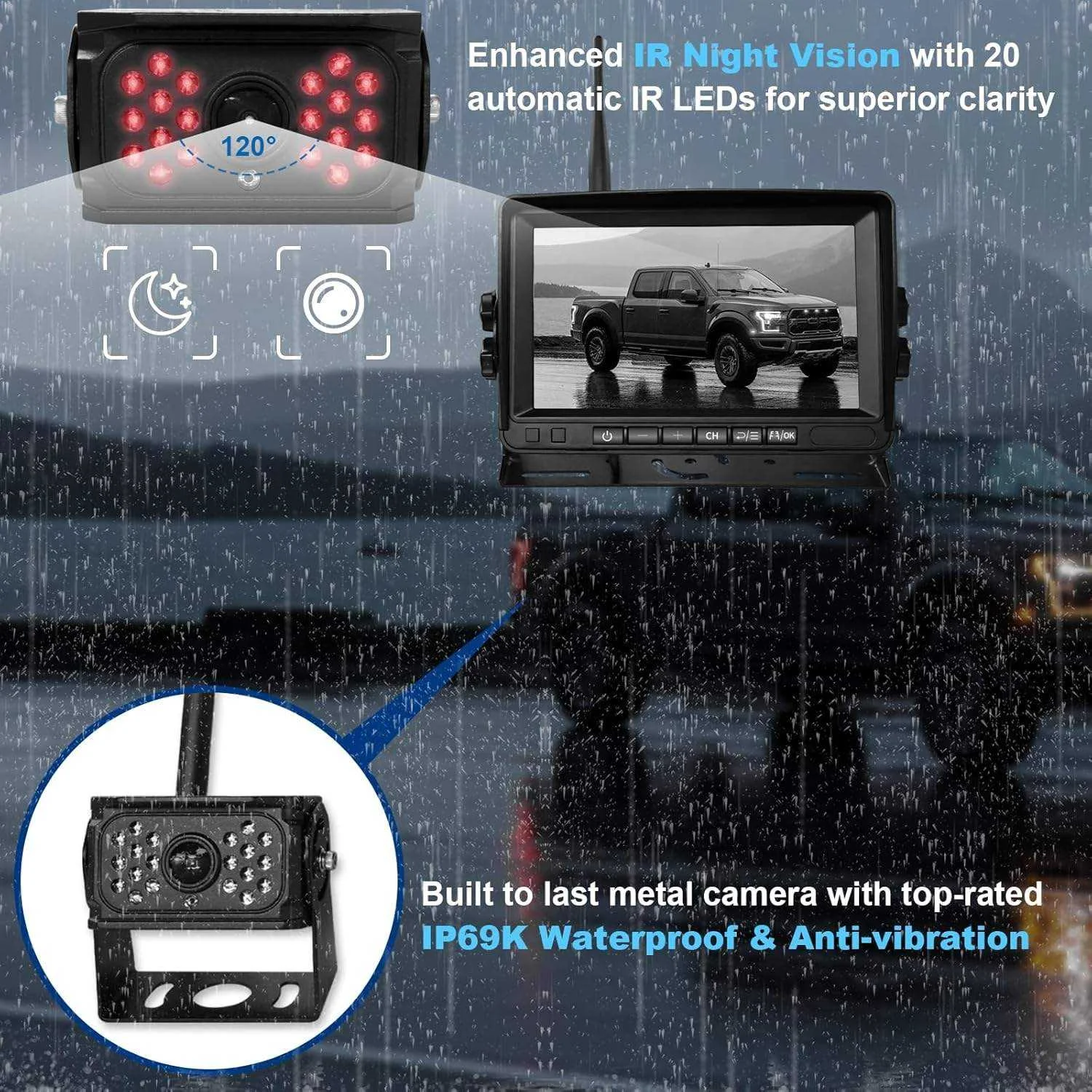10.1'' BSD Truck DVR Digital Wireless Split-Screen Rear View Monitor 1080P 450cd/m AHD IP69K Waterproof Camera 24V Night